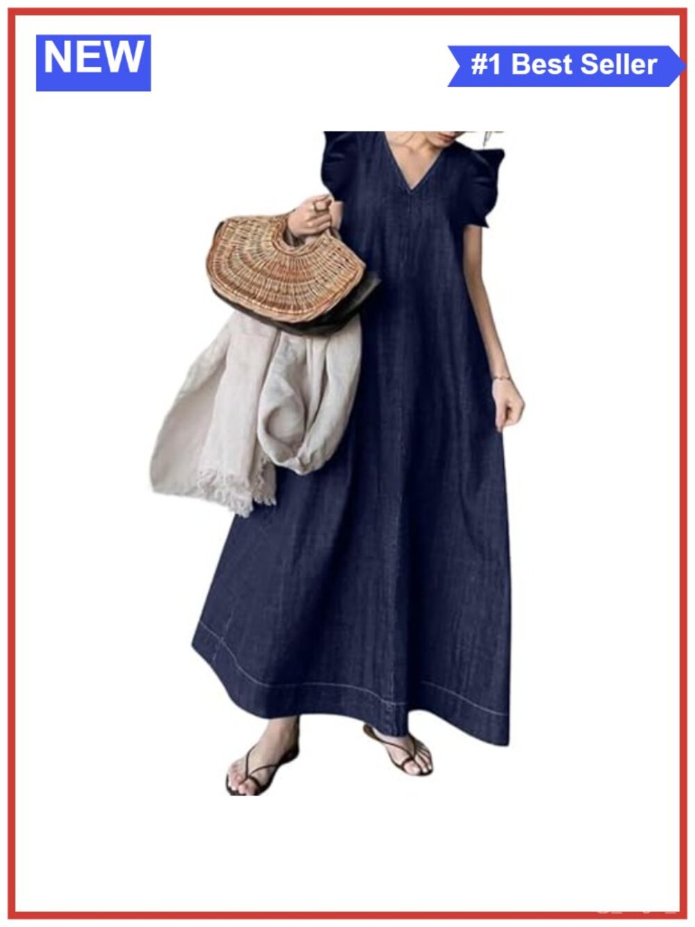 Womens Cotton Blend Denim Maxi Dress Sleeveless V-Neck Ruffle A-Line Casual